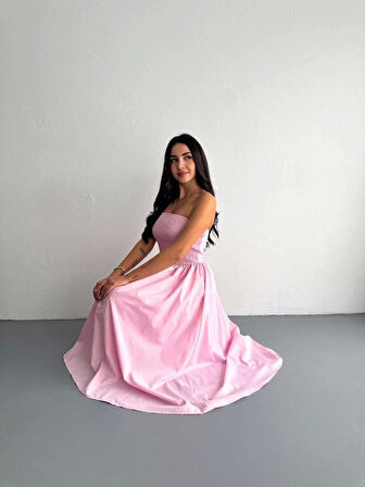 Straplez Pileli Elbise - Pembe