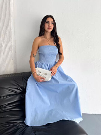 Straplez Pileli Elbise - Açık Mavi