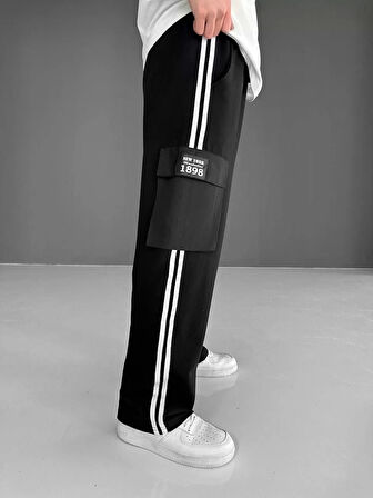 İki İplik Kumaş Kargo Cepli Şeritli Alt Esofman - Siyah