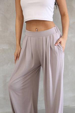 Osy Modal Yumuşak Dokulu Kadın Kumaş Boru Paça Salaş Eşofman - Bej