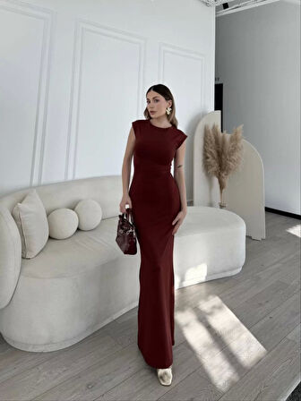 Kolsuz Uzun Likralı Elbise - Bordo