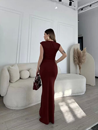Kolsuz Uzun Likralı Elbise - Bordo