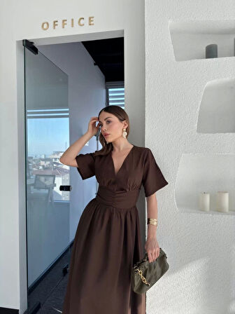 Kısa Kollu Uzun Elbise - Kahve