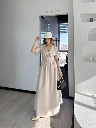 Kısa Kollu Uzun Elbise - Kırık Beyaz