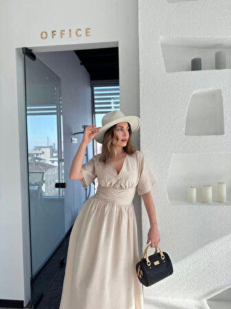 Kısa Kollu Uzun Elbise - Kırık Beyaz