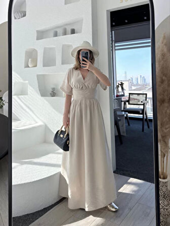 Kısa Kollu Uzun Elbise - Kırık Beyaz