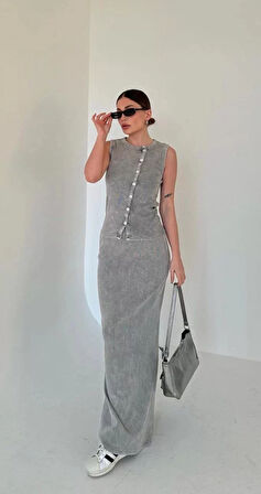 Uzun Etekli Önü Düğmeli Badi İkili Takım- Gri