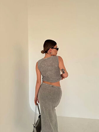 Uzun Etekli Önü Düğmeli Badi İkili Takım- Gri