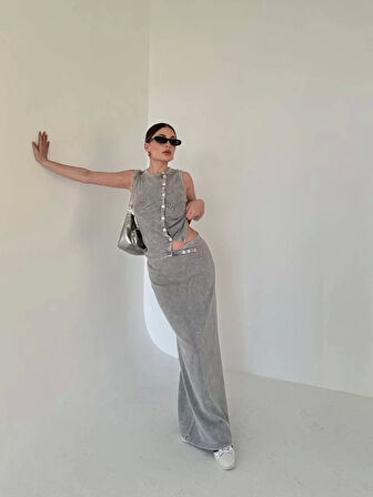 Uzun Etekli Önü Düğmeli Badi İkili Takım- Gri