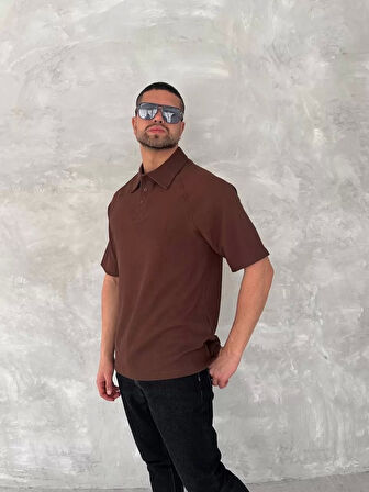 Yakalı Patlı Kısa Kol T-shirt - Kahverengi
