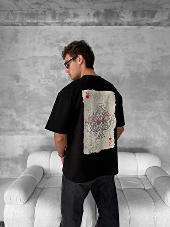 Ön ve Arka Baskılı Oversize Bisiklet Yaka T-shirt - Siyah