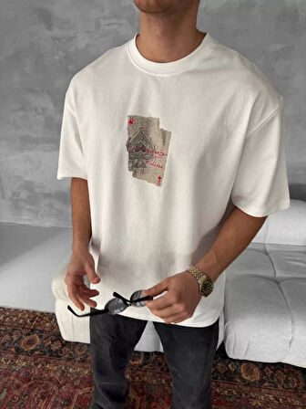 Ön ve Arka Baskılı Oversize Bisiklet Yaka T-shirt - Beyaz