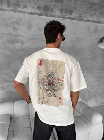 Ön ve Arka Baskılı Oversize Bisiklet Yaka T-shirt - Beyaz