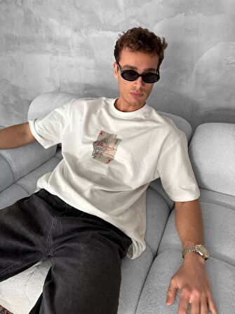 Ön ve Arka Baskılı Oversize Bisiklet Yaka T-shirt - Beyaz