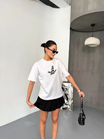 Kısa Kol Baskılı T-shirt - Beyaz