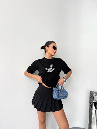 Kısa Kol Baskılı T-shirt - Siyah