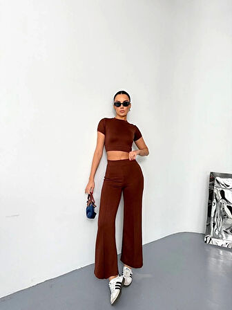 Osy Modal Yumuşak Dokulu Kumaş Kısa Kollu Crop Alt ispanyol Paça Pantalon ikili Takım - Kahverengi