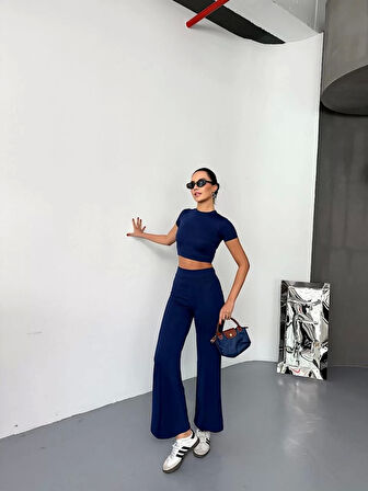 Osy Modal Yumuşak Dokulu Kumaş Kısa Kollu Crop Alt ispanyol Paça Pantalon ikili Takım - Lacivert