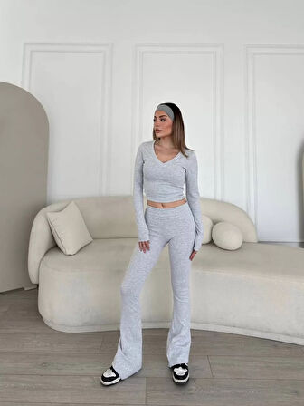 V yaka uzun kollu bluz İspanyol paçalı tayt İkili Takım - Gri