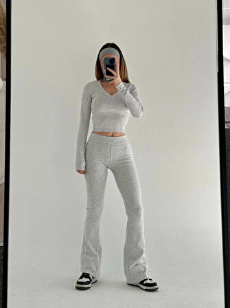 V yaka uzun kollu bluz İspanyol paçalı tayt İkili Takım - Gri