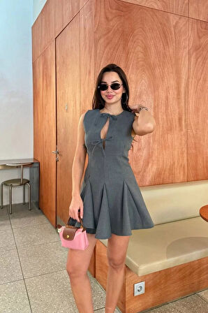 Bağcık detaylı Kolsuz Mini Elbise - Antrasit
