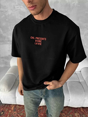 Ön ve Arka Baskılı Oversize Bisiklet Yaka T-shirt- Siyah