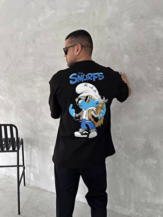 Ön ve Arka Baskılı Oversize Bisiklet Yaka T-shirt- Siyah