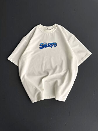 Ön ve Arka Baskılı Oversize Bisiklet Yaka T-shirt- Beyaz