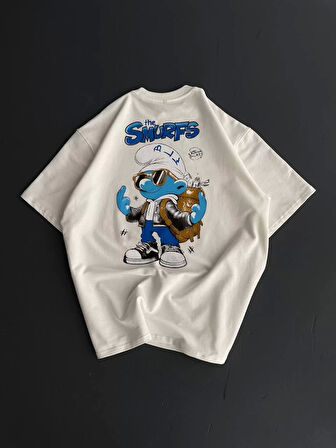 Ön ve Arka Baskılı Oversize Bisiklet Yaka T-shirt- Beyaz