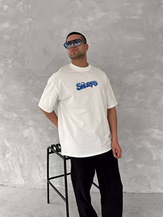 Ön ve Arka Baskılı Oversize Bisiklet Yaka T-shirt- Beyaz