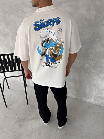 Ön ve Arka Baskılı Oversize Bisiklet Yaka T-shirt- Beyaz