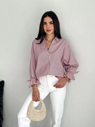 Kadın Arkası Asimetrik Yırtmaç Kesim Detaylı Cizgili Bluz Gömlek - Bordo