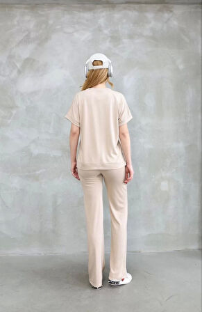 Osy Modal Yumuşak dokulu Kumaş Bisiklet Yaka Kısa Kollu Takım - Bej