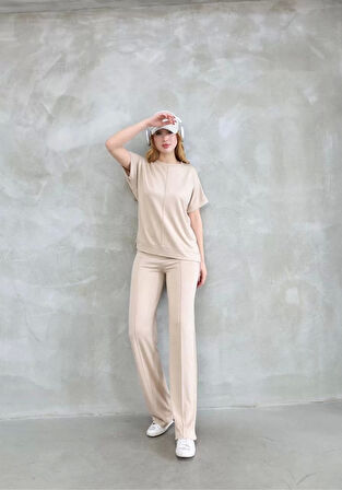 Osy Modal Yumuşak dokulu Kumaş Bisiklet Yaka Kısa Kollu Takım - Bej