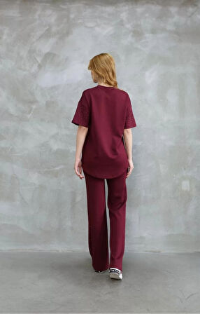Osy Modal Yumuşak dokulu Kumaş Bisiklet Yaka Taş detaylı Kısa Kollu Takım - Bordo