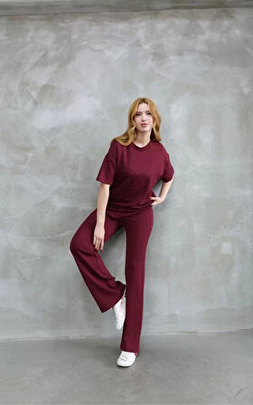 Osy Modal Yumuşak dokulu Kumaş Bisiklet Yaka Taş detaylı Kısa Kollu Takım - Bordo