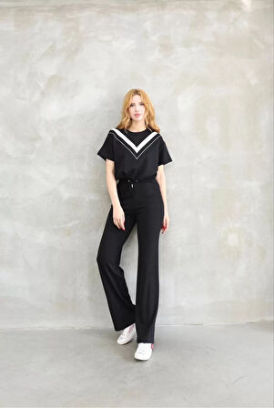 Osy Modal Yumuşak dokulu Kumaş Bisiklet Yaka Parçalı detaylı Kısa Kollu Takım - Siyah
