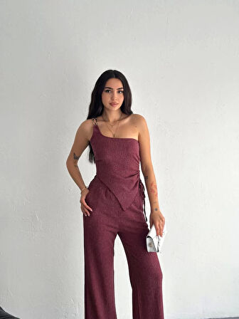 Asimetrik Crop Pantalon ikili Takım - Gül Kurusu