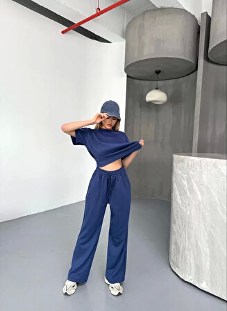 Osy Modal Yumuşak Dokulu Kumaş Kısa Kollu Bluz Rahat Pantalon ikili Takım- Lacivert