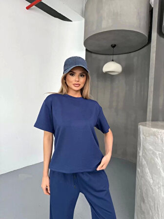 Osy Modal Yumuşak Dokulu Kumaş Kısa Kollu Bluz Rahat Pantalon ikili Takım- Lacivert
