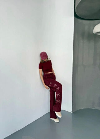 Osy Modal Yumuşak Dokulu Kumaş Nakış işlemeli Rahat Bol Paça Eşofman Pantalon - Bordo