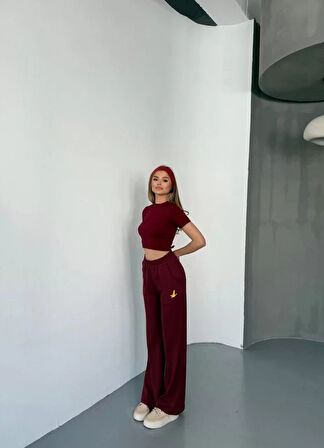 Osy Modal Yumuşak Dokulu Kumaş Nakış işlemeli Rahat Bol Paça Eşofman Pantalon - Bordo