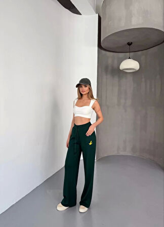 Osy Modal Yumuşak Dokulu Kumaş Nakış işlemeli Rahat Bol Paça Eşofman Pantalon - Yeşil