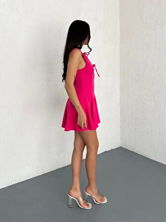 Göğüs Bağlamalı Kolsuz Mini Boy Elbise - Pembe