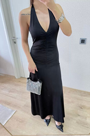 Sırt dekolteli Uzun Elbise - Siyah