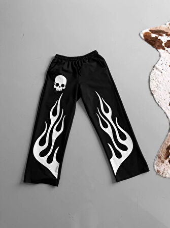 İki İplik Kumaş Baskılı Beli Lastikli Boru Paça Baggy Alt Esofman - Siyah