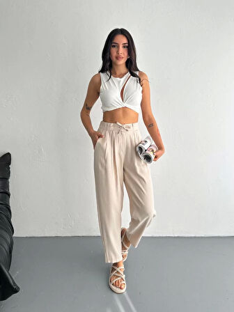Kadın Yüksel Bel Beli Bağcıklı Rahat Boru Paça Pantalon - Kırık Beyaz