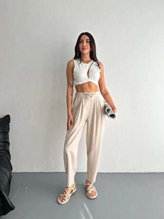 Kadın Yüksel Bel Beli Bağcıklı Rahat Boru Paça Pantalon - Kırık Beyaz