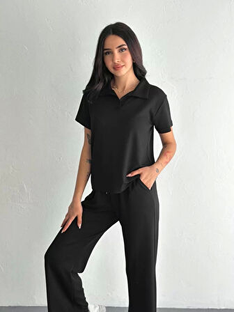 Osy Modal Yumuşak Dokulu Kumaş Kısa Kollu Yakalı T-shirt Pantalon ikili Takım- Siyah