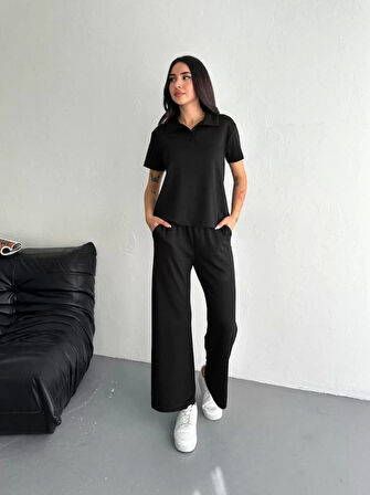 Osy Modal Yumuşak Dokulu Kumaş Kısa Kollu Yakalı T-shirt Pantalon ikili Takım- Siyah